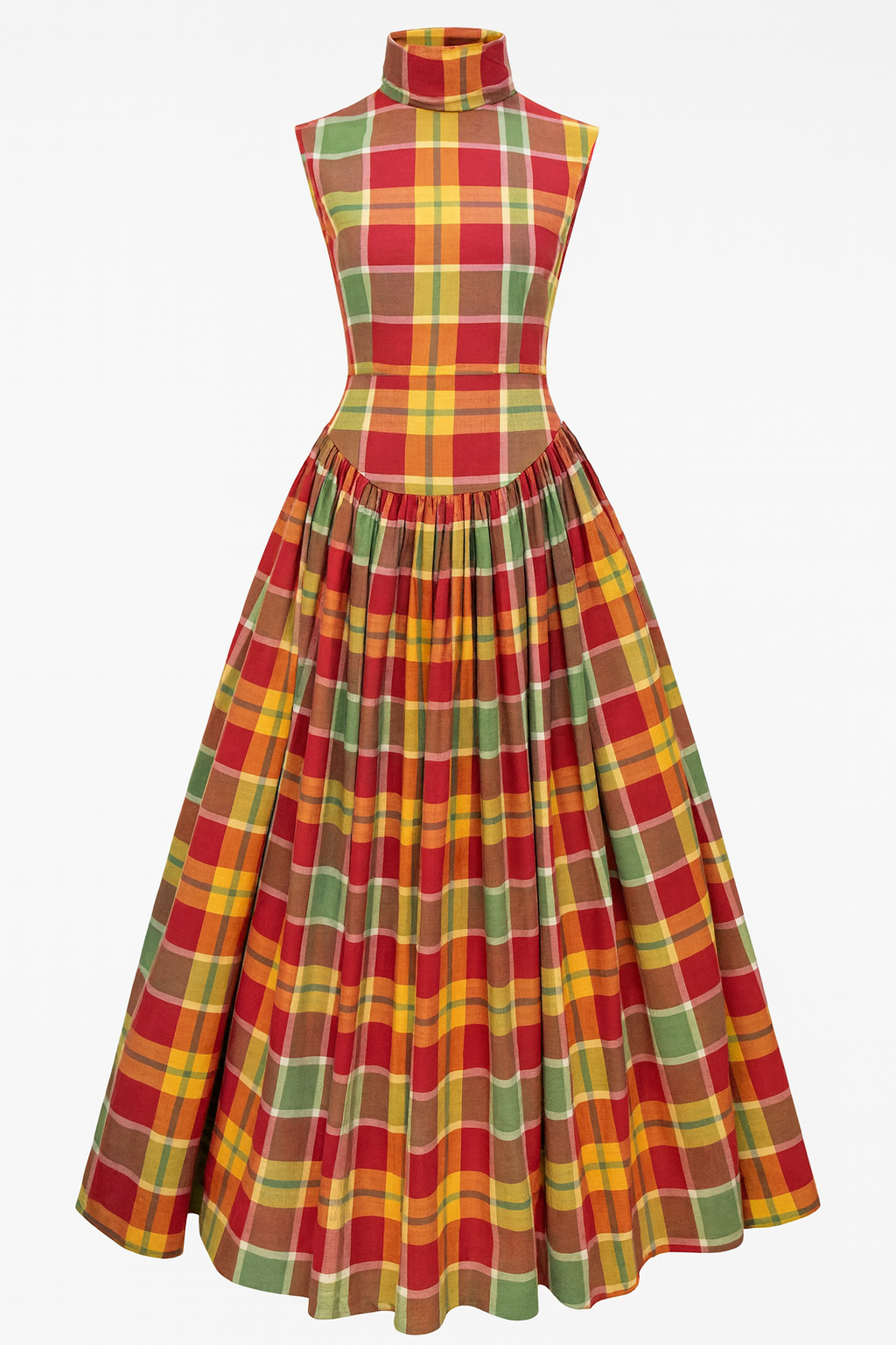 Heritage Plaid High-Neck Midi Dress