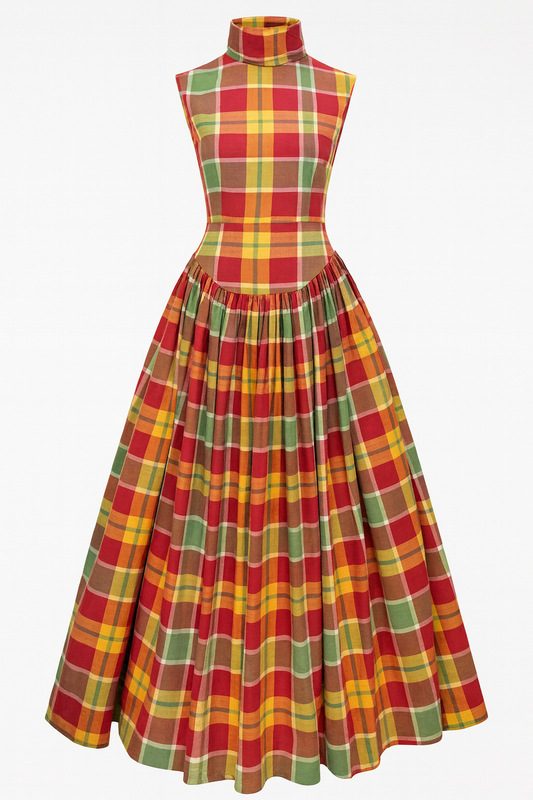 Heritage Plaid High-Neck Midi Dress