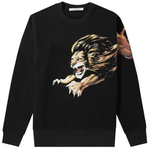 Black Crewneck Sweatshirt with Roaring Lion Graphic
