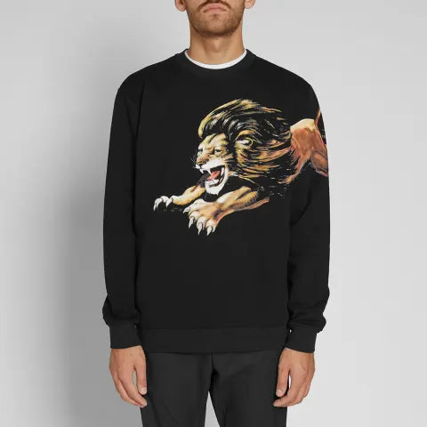Black Crewneck Sweatshirt with Roaring Lion Graphic