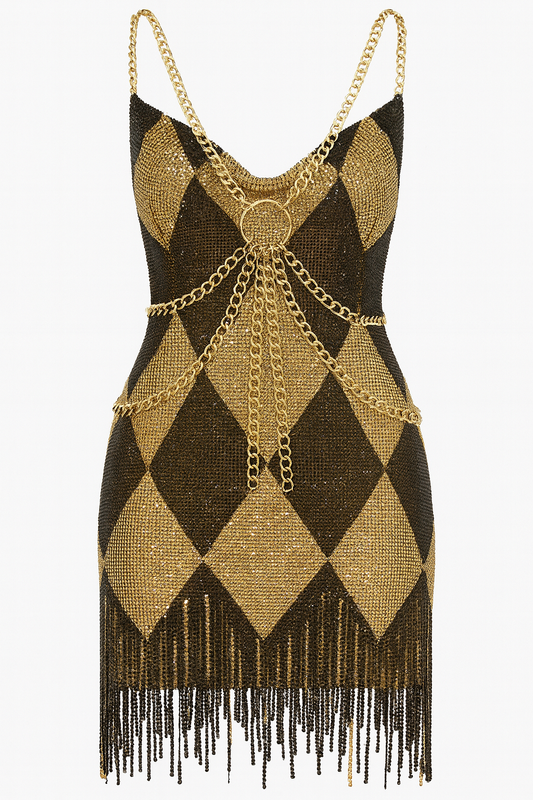Midnight Masquerade Chain-Embellished Fringe Dress