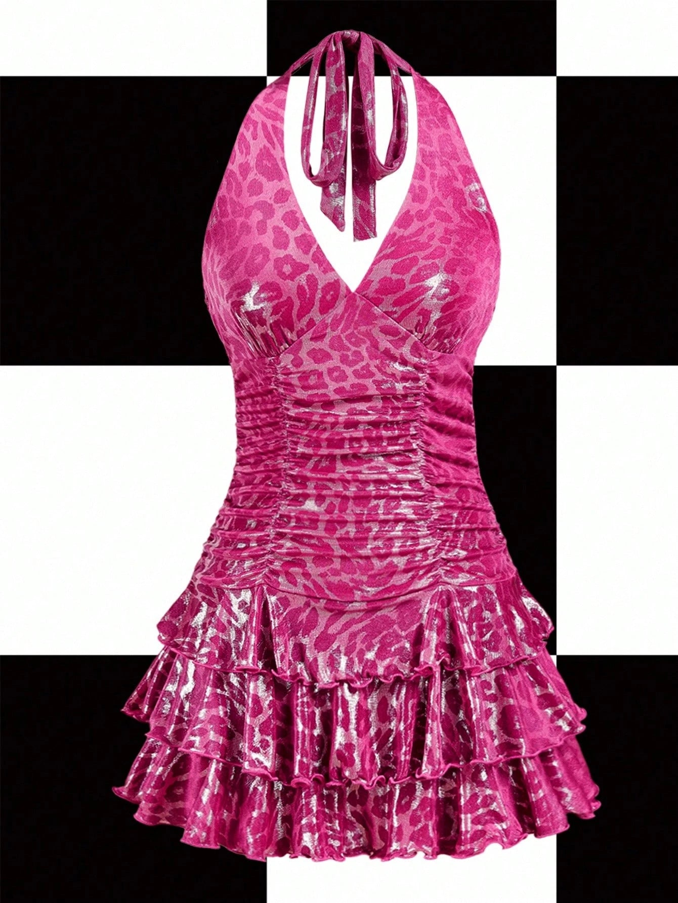 Fuchsia Leopard Print Ruffled Halter Mini Dress