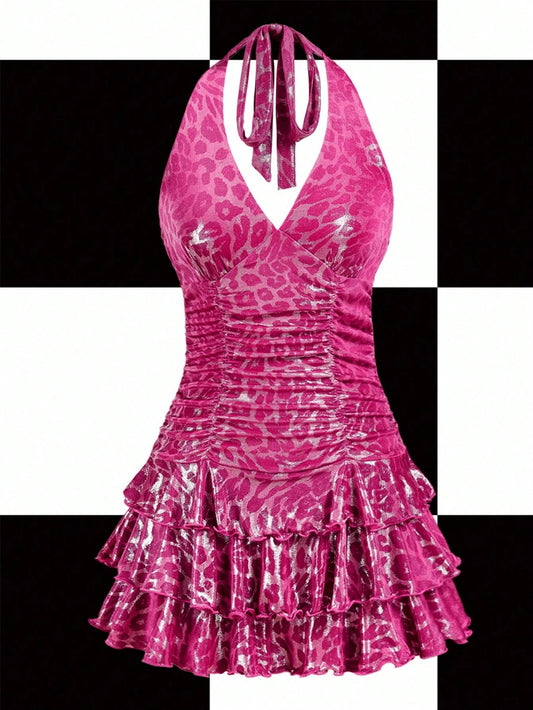 Fuchsia Leopard Print Ruffled Halter Mini Dress