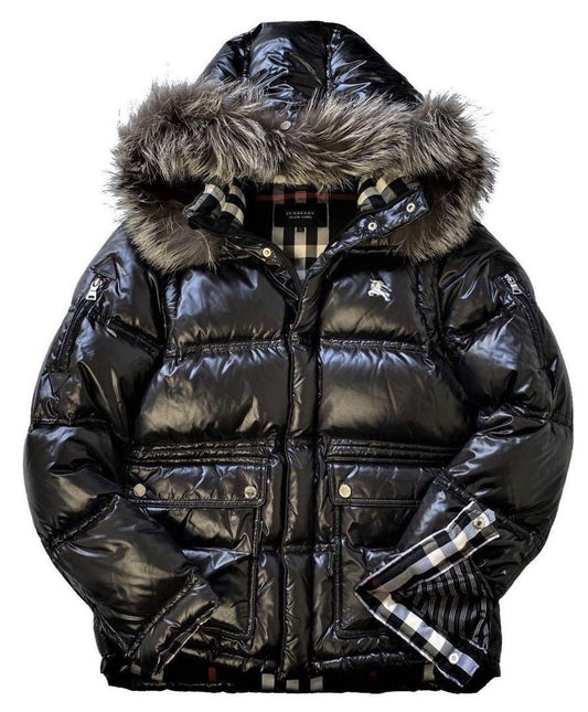 Premium Shiny Hooded Puffer Coat with Fur Trim